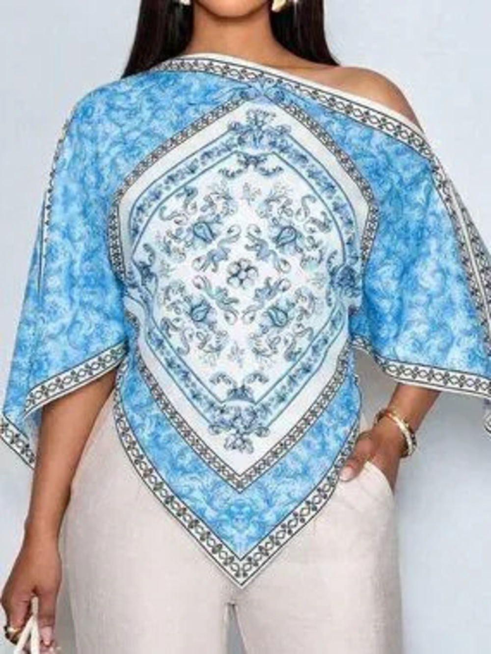 ZARA Blue Boho Women's Elegant Floral Print Long-Sleeved Shirt